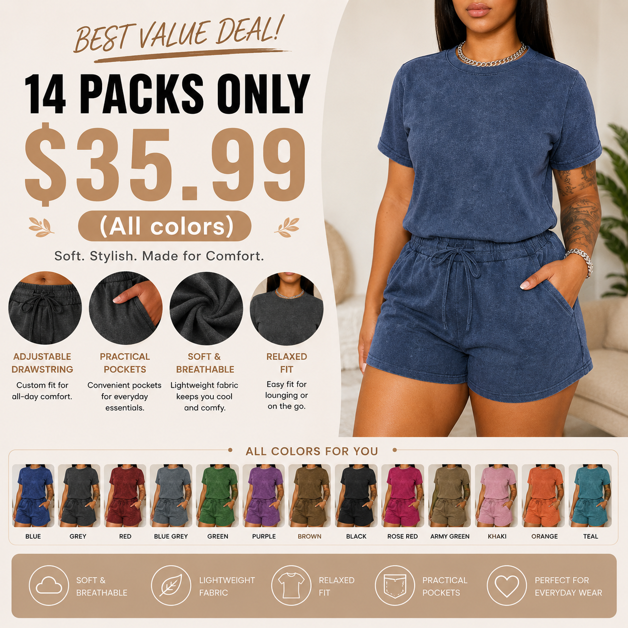 Women's Acid Wash Lounge Set – Casual Short Sleeve Tee & Drawstring Shorts Two Piece Outfit with Pockets, Soft Lightweight Summer Matching Set