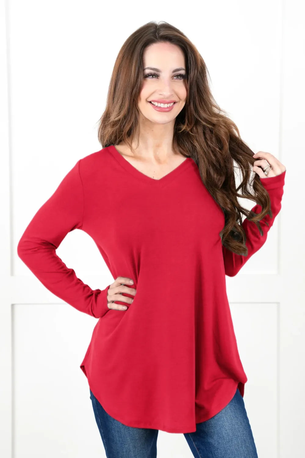 Long Sleeve V-Neck Round Hem Top (Multiple Colors)