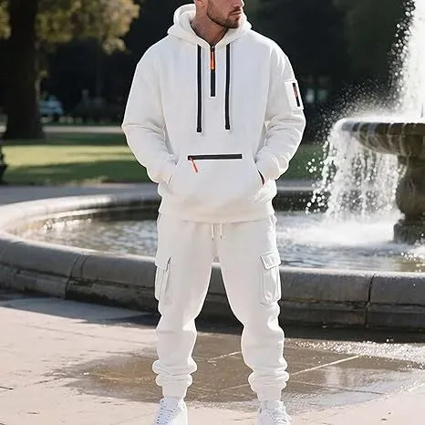 Men’s Fleece-Lined 2-Piece Tracksuit: Tactical Quarter-Zip Hoodie + Cargo Joggers