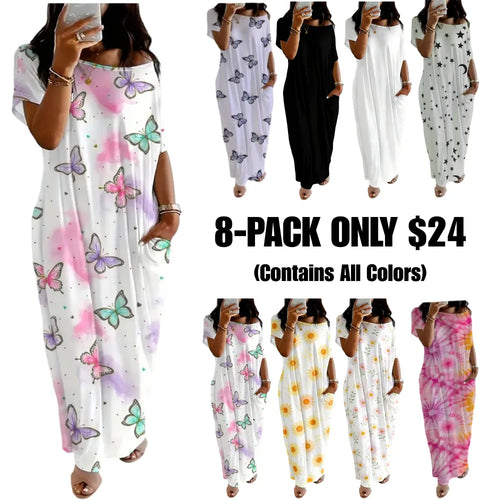 Women's Pocket Round Neck Nightdress Lady's Sleepwear Dresses