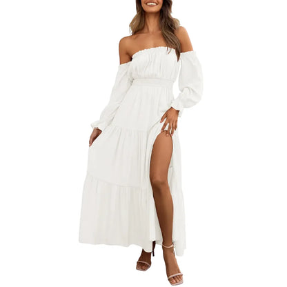 Women's Boho Off Shoulder Long Sleeve High Waist Side Split Long Maxi Dress