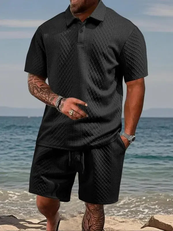Men's Solid Polo & Drawstring Shorts Set Cozy, Breathable for Daily/Beach, Summer Casual