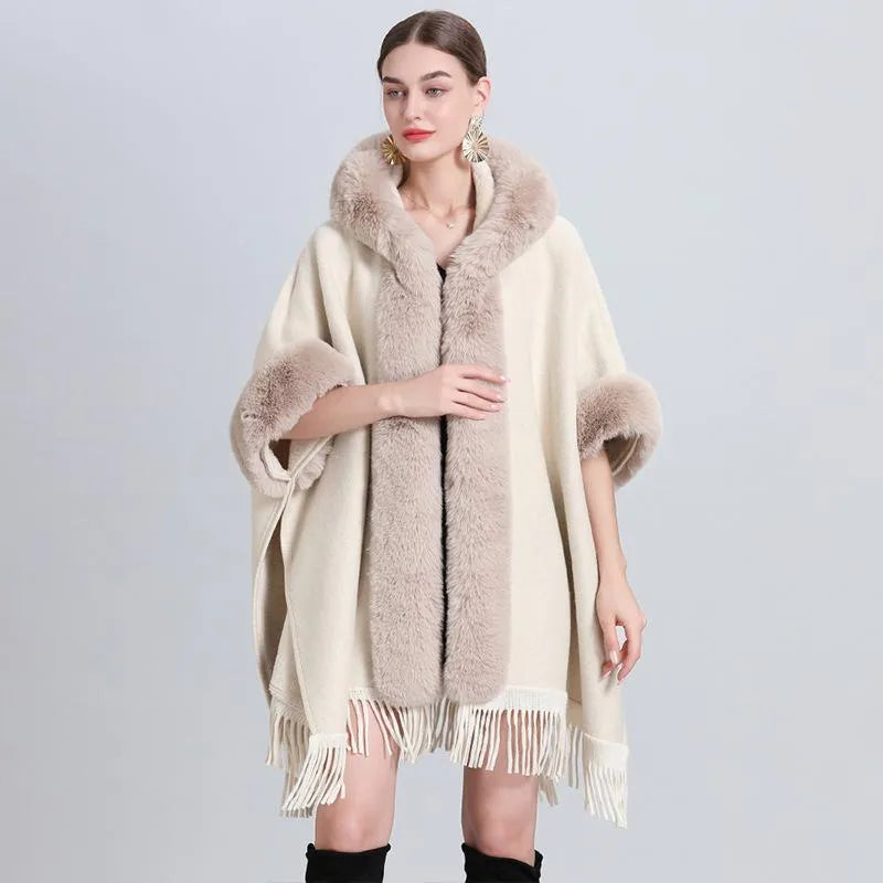 Women's Poncho With a Hoodie and Fringes