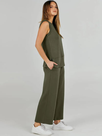 Women's 2 Piece Sets Summer Outfits Sleeveless Wide Leg Tracksuits Casual Sweat Sets Lounge Sweatsuits