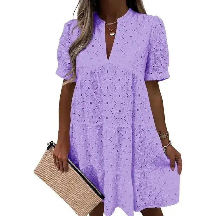 Women’s Summer Lace Dresses Eyelet Casual Flowy Babydoll Swing Short Sleeve V Neck Tunic Dress