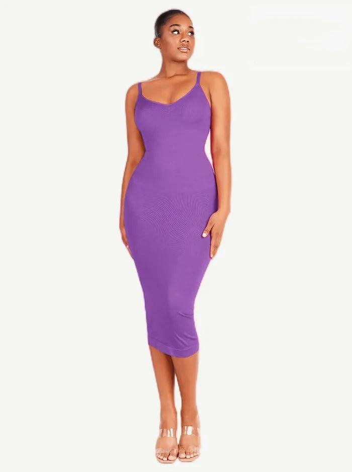 Seamless Spaghetti Strap V Neck Maxi Dress with Built-in Bodycon