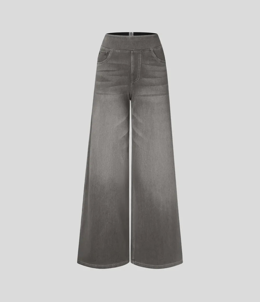 💝Last Day Promotion⚡High Waisted Multiple Pockets Baggy Wide Leg Washed Stretchy Knit Casual Jeans