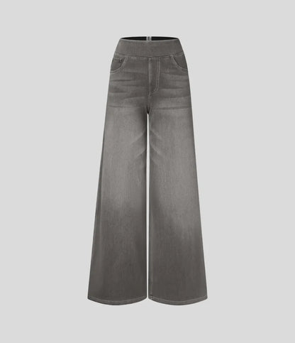 💝Last Day Promotion⚡High Waisted Multiple Pockets Baggy Wide Leg Washed Stretchy Knit Casual Jeans