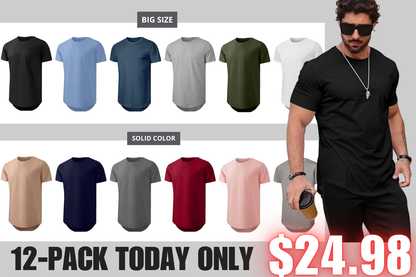 🔥Men's 12-Pack Cotton Hipster Hip Hop Longline Crewneck T-Shirt