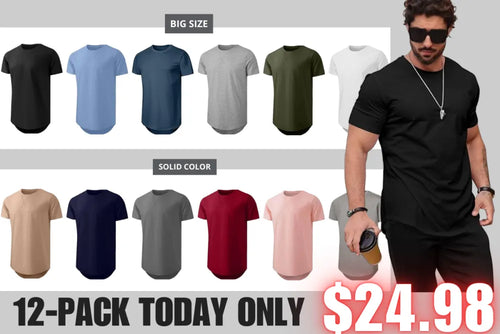 🔥Men's 12-Pack Cotton Hipster Hip Hop Longline Crewneck T-Shirt