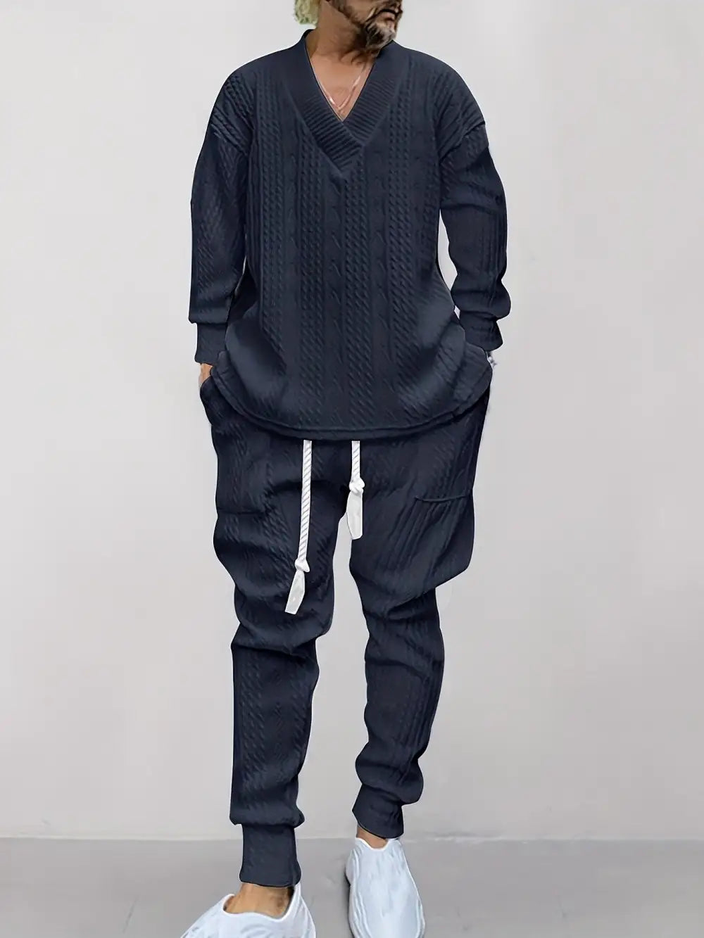 Mens V Neck Sweatshirt Jacquard Tracksuit 2 Piece Men Baggy Sweatsuit Sets Men's Jogging Tracksuit Set Outfit for Men