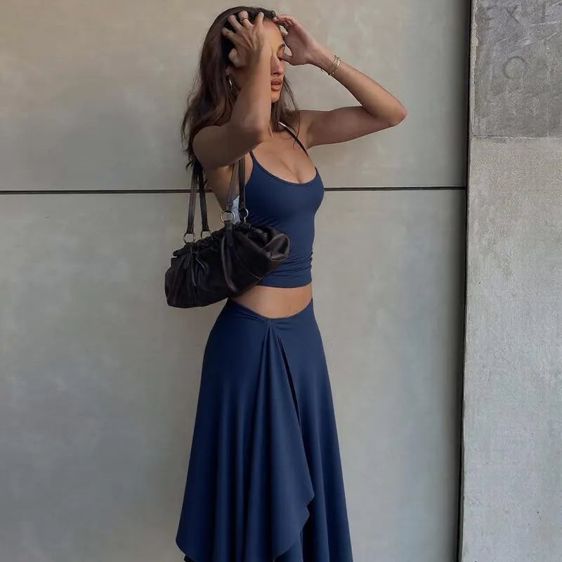 Solid-Color Sleeveless Backless Tie-Strap Camisole and Slim-Fit Side-Slit Maxi Skirt Two-Piece Set