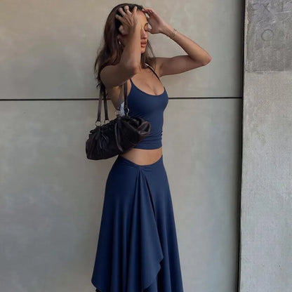 Solid-Color Sleeveless Backless Tie-Strap Camisole and Slim-Fit Side-Slit Maxi Skirt Two-Piece Set
