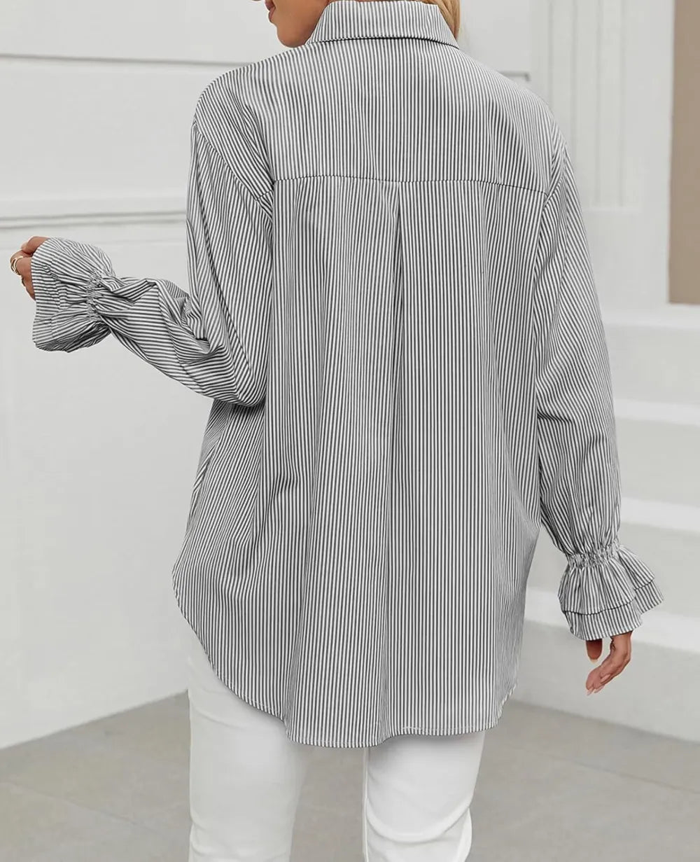 Women's Striped Button Down Shirts Smocked Cuffed Boyfriend Shirt Long Sleeve Blouse Top with 3 Pockets