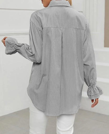 Women's Striped Button Down Shirts Smocked Cuffed Boyfriend Shirt Long Sleeve Blouse Top with 3 Pockets