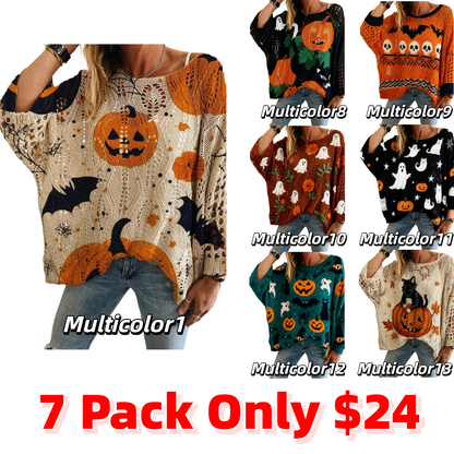 Women's Halloween Pumpkin Print Long Sleeve Knit Top