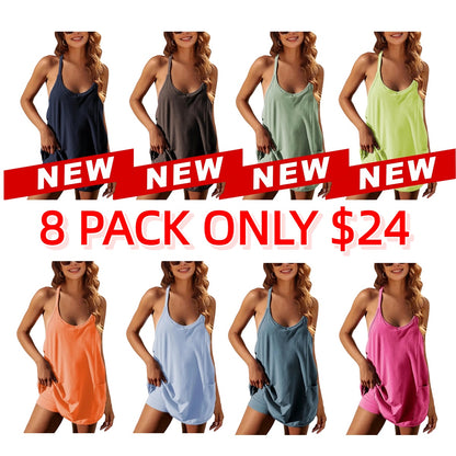 Women's Athletic Sleeveless Mini Dress with Built-in Shorts Summer V Neck Spaghetti Strap Short