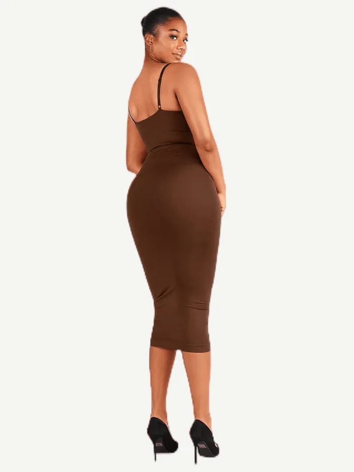 Seamless Spaghetti Strap V Neck Maxi Dress with Built-in Bodycon