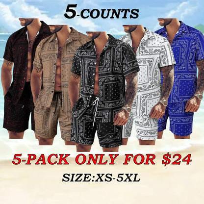 Men's All-Over Print Shirt & Shorts Set Casual Button Collar, Drawstring Waist, Tropical Summer