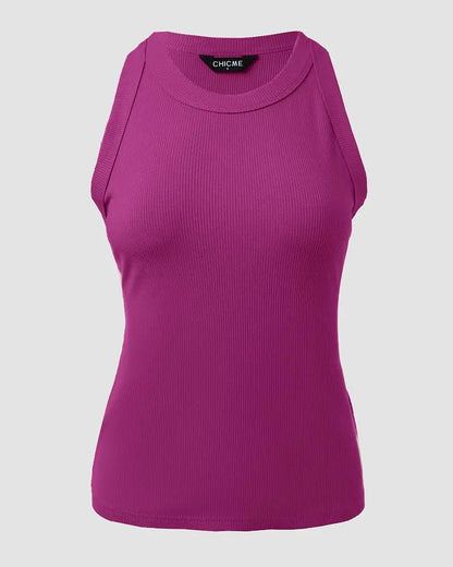 O-Neck Knit Sleeveless Basic Slim Fit Tummy Control Tank Casual Top(Without Pads)