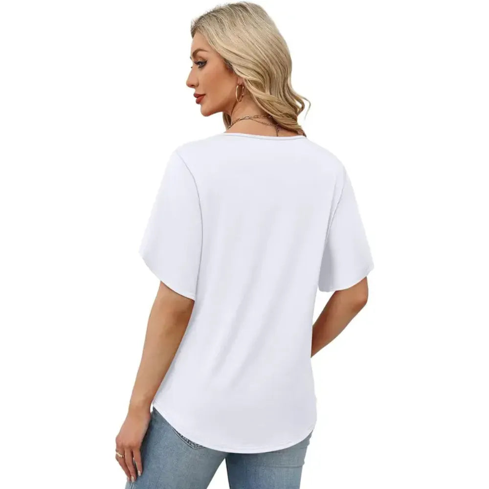 FASHION Womens Summer Tops Short Petal Sleeve Shirts V Neck Outfits Clothes