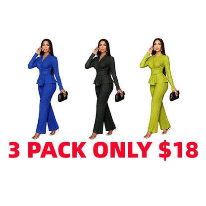 Women's Elegant V Neck Long Sleeve T-Shirt And Wide Leg Pants Two Piece Set
