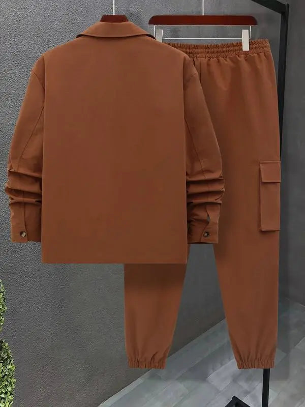 Men's Solid Color Pocket Button Front Shirt & Pants Two-Piece Set