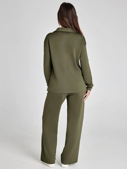 Women's 2 Piece Sets Outfits Casual Long Sleeve Sweatsuits Polo Top and Wide Leg Pants Matching Sets