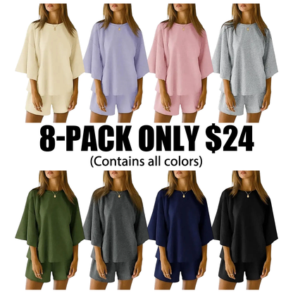Pajama Sets 3/4 Sleeve Oversized Tops And Elastic Waist Shorts