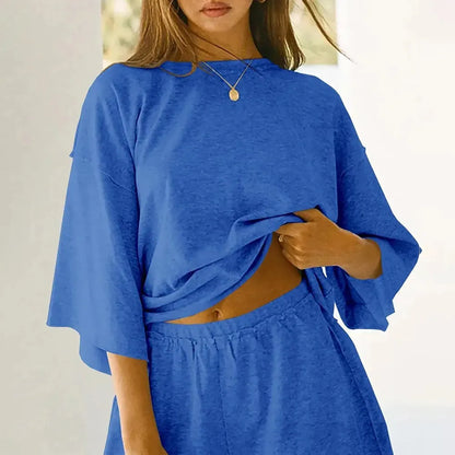 Pajama Sets 3/4 Sleeve Oversized Tops And Elastic Waist Shorts