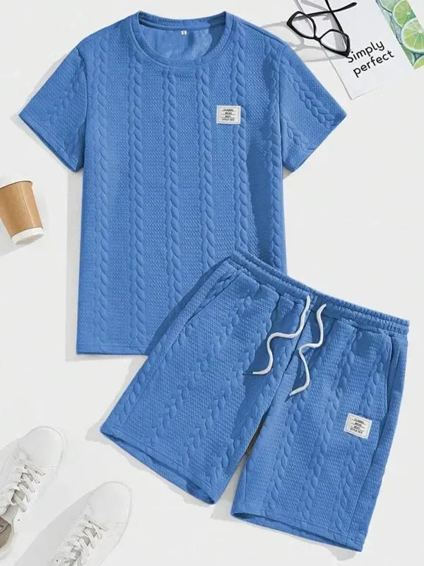 Men's Knit Casual Textured Patch Tee & Drawstring Shorts Set