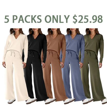 Women's 2 Piece Sets Outfits Casual Long Sleeve Sweatsuits Polo Top and Wide Leg Pants Matching Sets