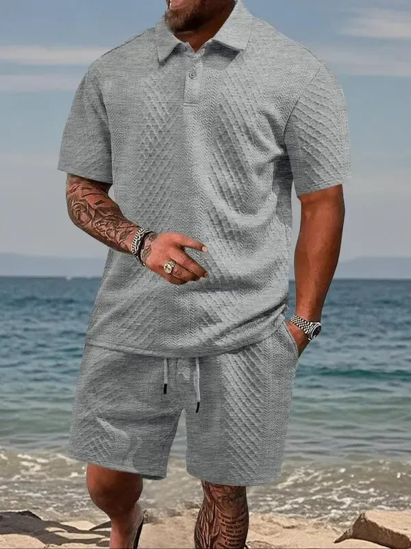 Men's Solid Polo & Drawstring Shorts Set Cozy, Breathable for Daily/Beach, Summer Casual