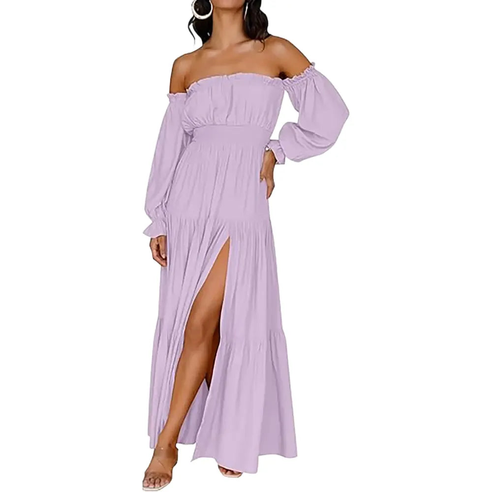 Women's Boho Off Shoulder Long Sleeve High Waist Side Split Long Maxi Dress