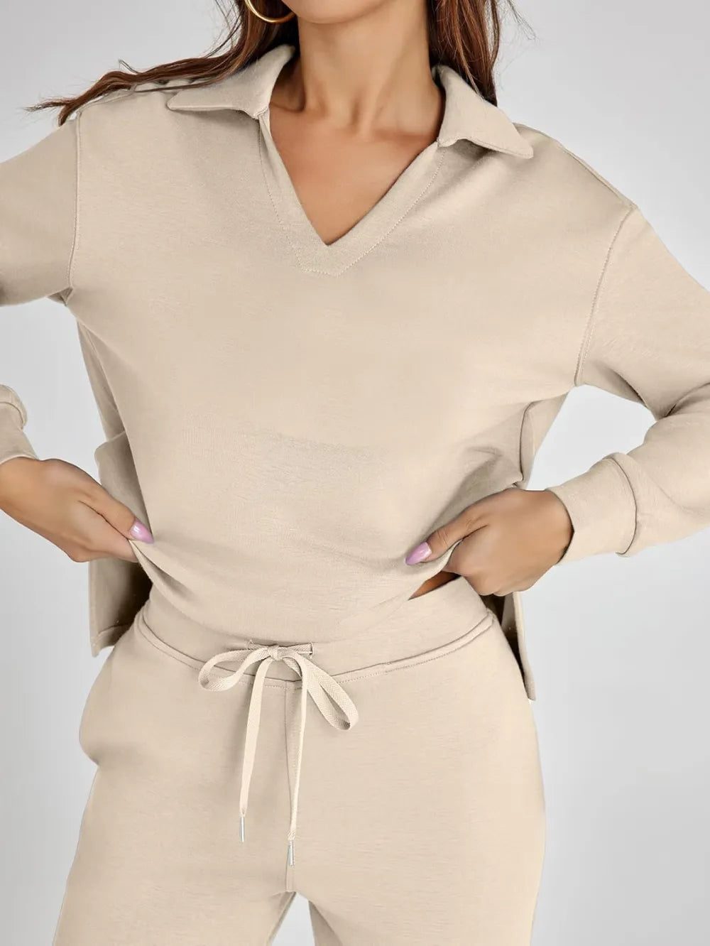 Women's 2 Piece Sets Outfits Casual Long Sleeve Sweatsuits Polo Top and Wide Leg Pants Matching Sets