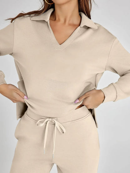 Women's 2 Piece Sets Outfits Casual Long Sleeve Sweatsuits Polo Top and Wide Leg Pants Matching Sets