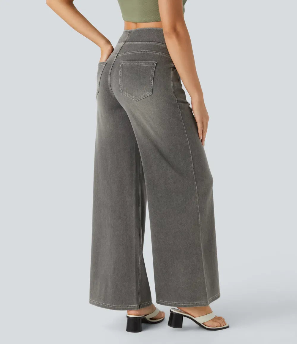 💝Last Day Promotion⚡High Waisted Multiple Pockets Baggy Wide Leg Washed Stretchy Knit Casual Jeans