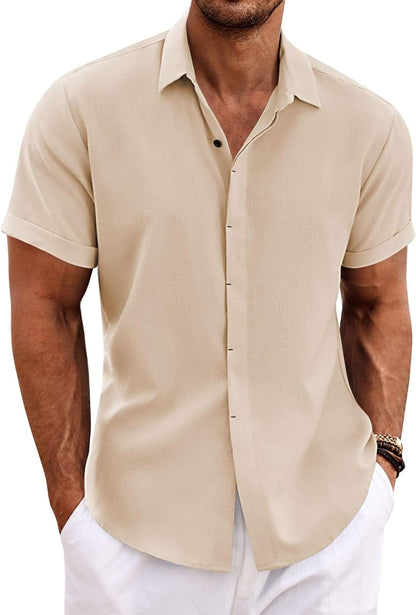 Men's Linen Shirts Short Sleeve Casual Shirts Button Down Shirt for Men Beach Summer Wedding Shirt