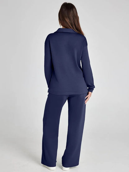 Women's 2 Piece Sets Outfits Casual Long Sleeve Sweatsuits Polo Top and Wide Leg Pants Matching Sets