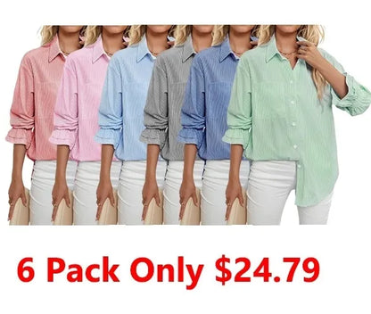 Women's Striped Button Down Shirts Smocked Cuffed Boyfriend Shirt Long Sleeve Blouse Top with 3 Pockets