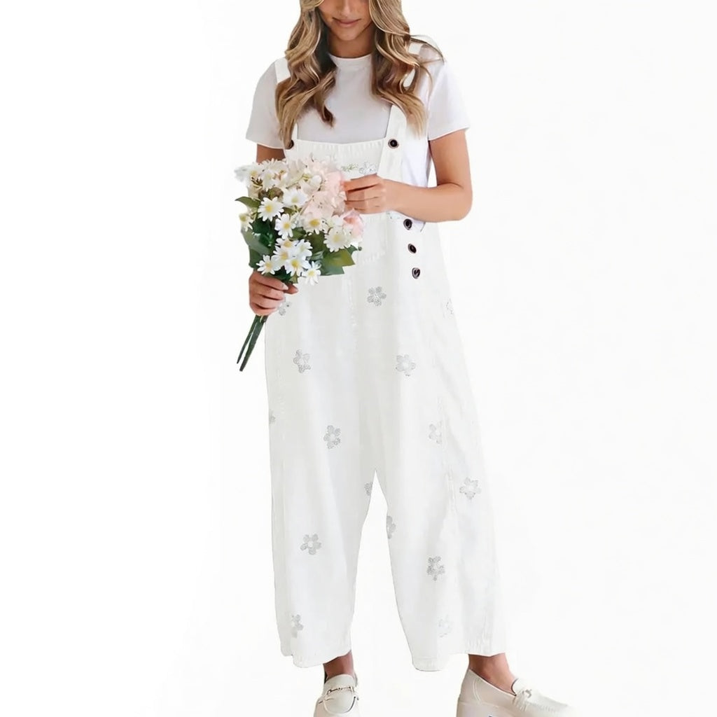 🔥Flash Sale🔥Women's Floral Printed Adjustable Strap Denim Bib Overall - Cute Chic Wide Leg Baggy Jeans Jumpsuit, Versatile Clothes for Matching Shirts