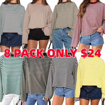 Women Long Sleeve Crew Neck Loose Striped T Shirt