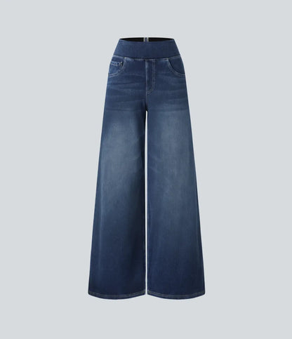 💝Last Day Promotion⚡High Waisted Multiple Pockets Baggy Wide Leg Washed Stretchy Knit Casual Jeans
