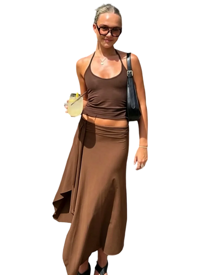Solid-Color Sleeveless Backless Tie-Strap Camisole and Slim-Fit Side-Slit Maxi Skirt Two-Piece Set