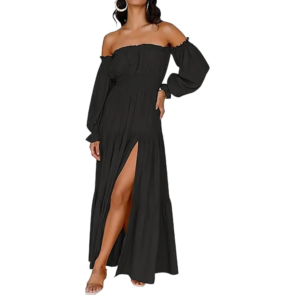 Women's Boho Off Shoulder Long Sleeve High Waist Side Split Long Maxi Dress