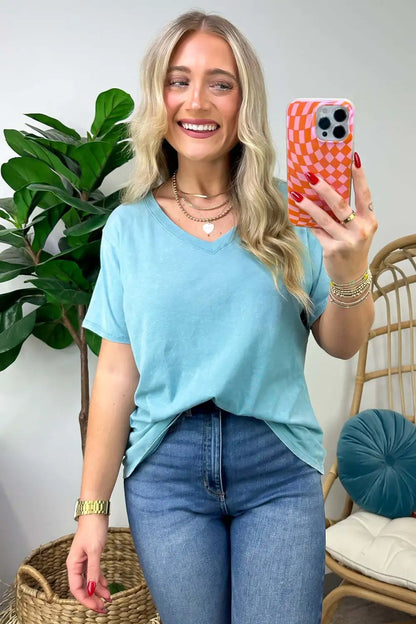 Soliel Acid Wash V-Neck Relaxed Fit Top - BACK IN STOCK