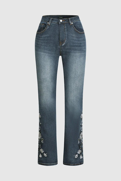 🔥LAST DAY 80% OFF🔥Mid-waist bootcut jeans with floral embroidery