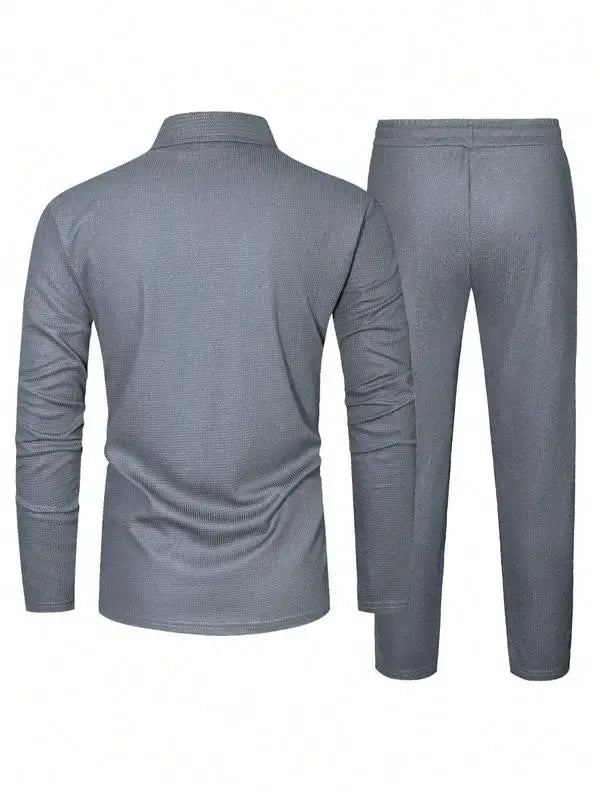 Men's Solid Textured Long Sleeve Polo Shirt & Drawstring Waist Pants Set