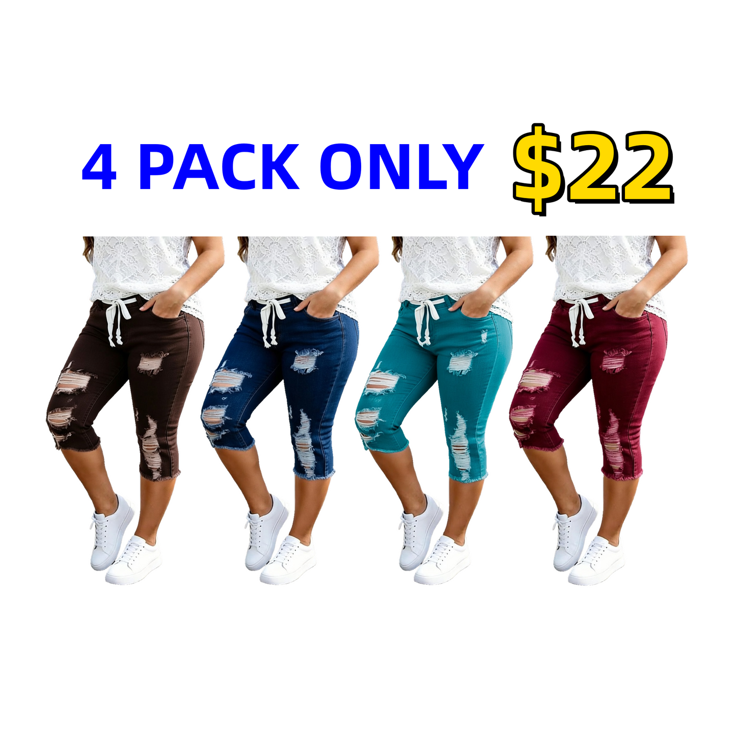 Stylish Distressed & Ripped Capri Jeans — Plus-Size Women's Casual High-Waisted Drawstring Denim Shorts