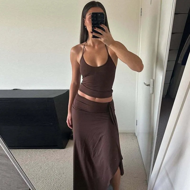 Solid-Color Sleeveless Backless Tie-Strap Camisole and Slim-Fit Side-Slit Maxi Skirt Two-Piece Set